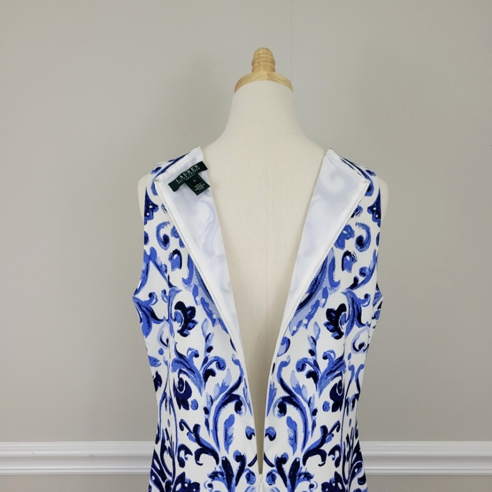 LAUREN RALPH LAUREN Blue White Print Crew Neck Sleeveless Dress - Picture 4 of 6